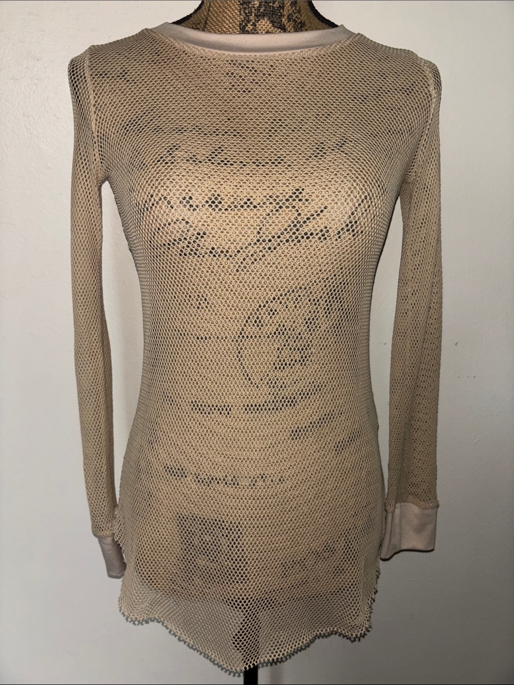 Sheer Sz XS Beige Mesh Long-Sleeve Top